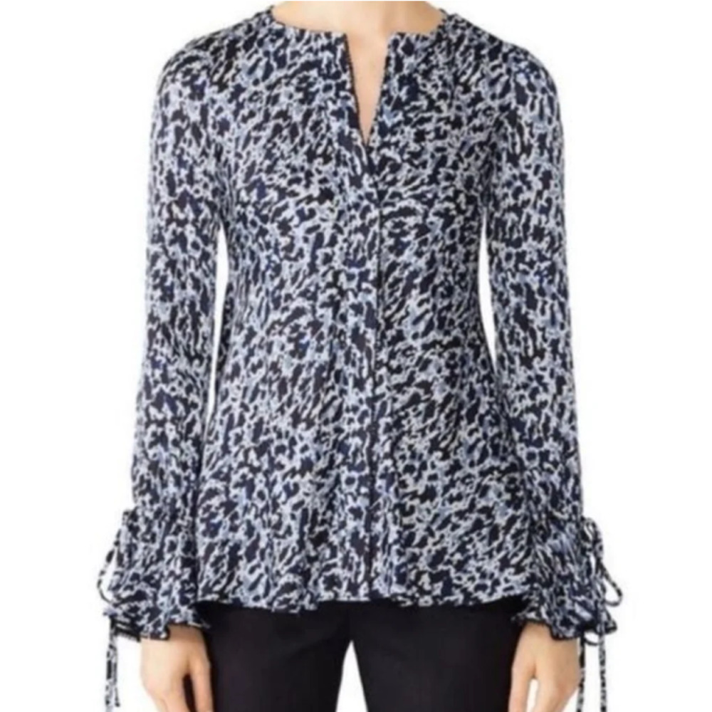 Derek Lam 10 Crosby | Two-Tone Blue & White Abstract Print Blouse Bell Sleeves